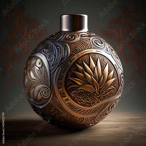 A spherical bottle with intricate carvings featuring an agave plant in the center likely representing tequila or mezcal