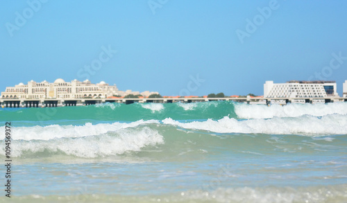 Dubai skyscrapers church palm trees ocean water park hotels interior