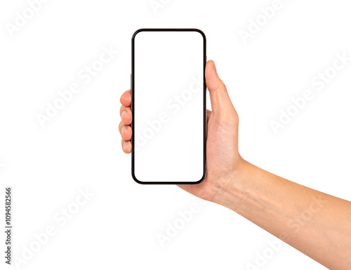 Hand showing smartphone with blank screen isolated on white background.