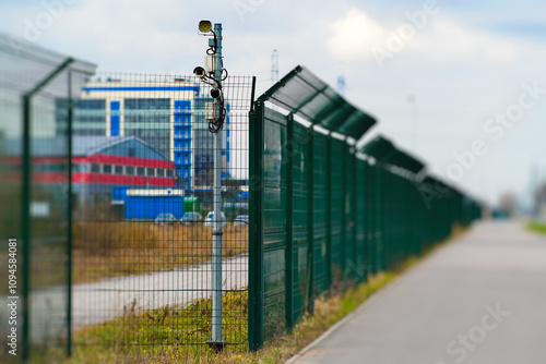 A security fence equipped with advanced surveillance equipment located near an industrial area