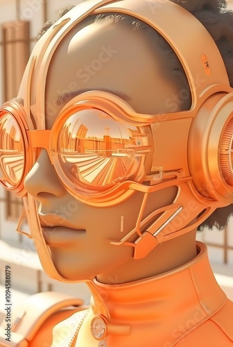 A futuristic and minimalist representation of a humanoid figure wearing reflective orange goggles and a sleek headset