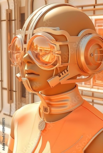 A futuristic and minimalist representation of a humanoid figure wearing reflective orange goggles and a sleek headset. 