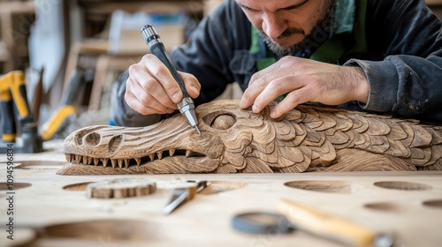 Intricate handcrafted wood carving a skilled carpenter creating an alluring dragon sculpture in a workshop environment