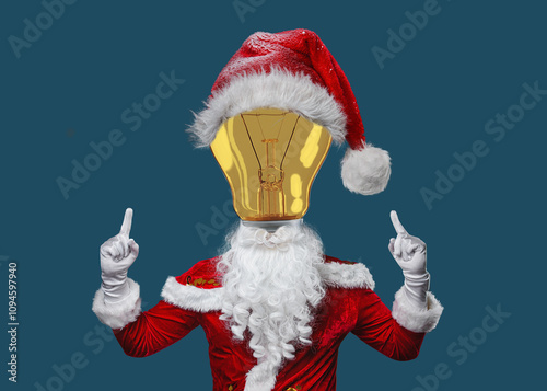 Cool Santa Claus with light bulb idea as a head, idea for christmas gift concept. creative gift concept.