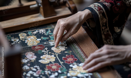 Focused hands meticulously embroidering floral design scene of quiet concentration and artistry