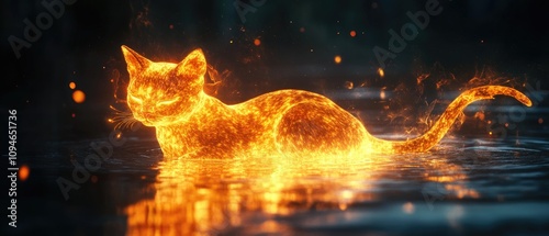 Fiery cat magically floats on water, sparks surround it.