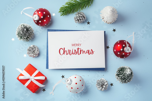 Christmas card with gift box, christmas balls, tree and decor on blue table background