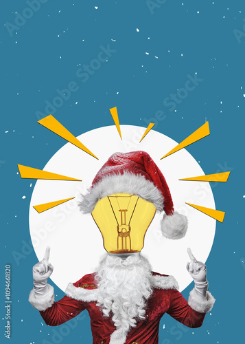 Cool Santa Claus with light bulb idea as a head, idea for christmas gift concept. creative gift concept.