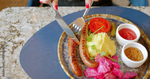 Woman Cutting Sausage with Sides of Mashed Potatoes and Vegetables