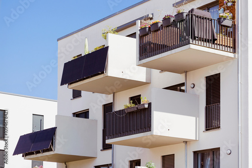 Modern Balcony Design of Modern Apartment Building Facade in Germany, Munich. Open Air Balconies of High-rise Building.