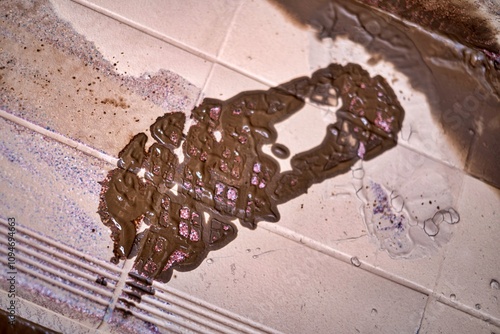 A dirty floor with a stain that looks like a shoe print. The image has a mood of messiness and disorganization