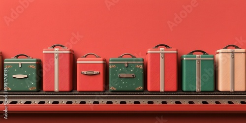 Airport conveyor belt with Christmas themed luggage concept. Colorful vintage suitcases lined up against a red background