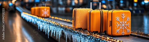 Airport conveyor belt with Christmas themed luggage concept. Orange suitcases on a luggage carousel at an airport