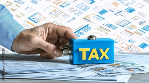 Income tax return income exemption concept, A hand holds a blue tax stamp over documents, symbolizing tax preparation or filing amidst financial charts and graphs.