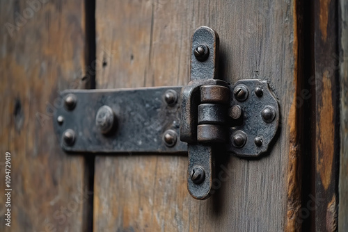 Rustic iron hinge on weathered wooden door close up