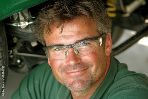 Technician with Safety Glasses Inspecting a Car's Underbody with a Focused Smile, Showcasing Precision and Care in Automotive Maintenance