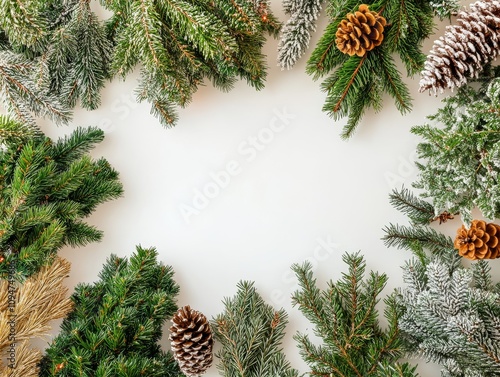 Festive arrangement of pine branches and pine cones on a white background, capturing the essence of winter and holiday vibes.