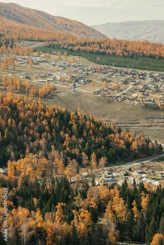 Aerial view of autumn village landscape.