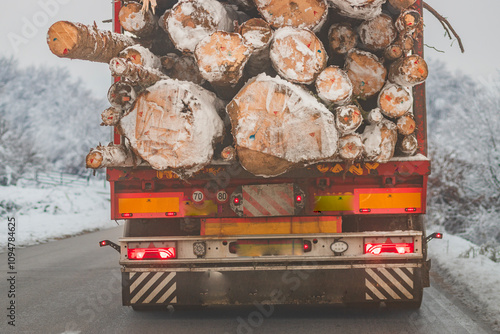 Close-up view of a timber truck carrying large logs covered in snow, driving on a winter road. The truck's rear lights are illuminated, and the snowy surroundings emphasize the wintery scene.