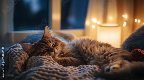 Cozy cat resting peacefully on a warm blanket beside soft glowing lights at night