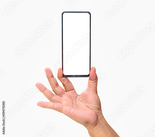 Close up of hand holding modern smart phone mockup. Modern smartphone mockup with blank white screen