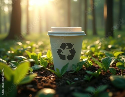 Eco-friendly mycelium packaging: sustainable coffee cup in nature scene