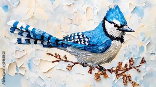 A cheerful blue jay perched gracefully with vivid details on a white background