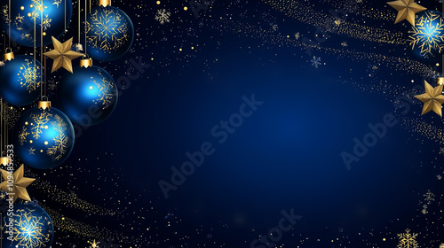 Blue and gold Christmas ornaments and stars on a blue background..