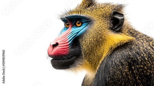 A close-up of a mandrill showcasing its vibrant facial colors against a white background