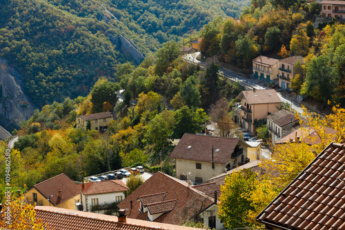 The picturesque village of Castelmezzano on the scenic rocks of the of the Apennines Dolomiti Lucane, Basilicata, Italy