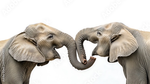 A pair of elephants touching trunks affectionately on a white background