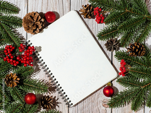 A festive flat lay of an open notebook surrounded by pine branches, red berries, pinecones, and Christmas ornaments on a rustic wooden background. Perfect for holiday-themed designs,seasonal promotion