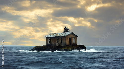 Small wooden house standing on a tiny island in the middle of a rough sea