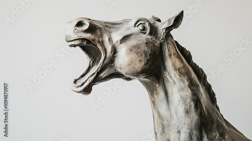 A horse neighing, its mouth open and neck extended on a white background