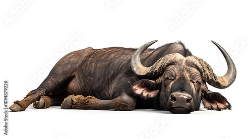 A buffalo lying down while chewing cud, appearing relaxed on a white background