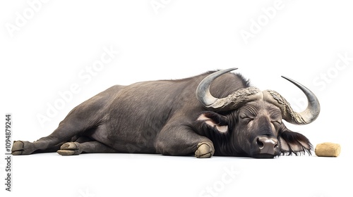 A buffalo lying down while chewing cud, appearing relaxed on a white background