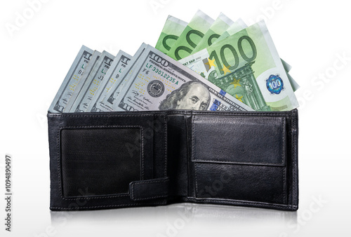 Open Black Wallet Filled with US Dollars and Euros