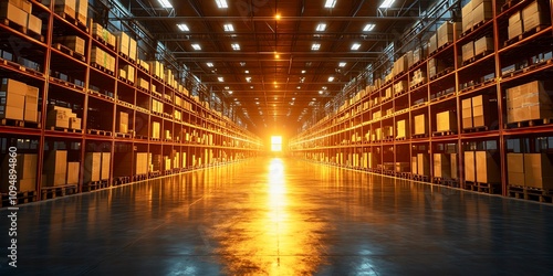 Sunset glow in a massive warehouse with high shelves, highlighting industrial scale and logistics efficiency.