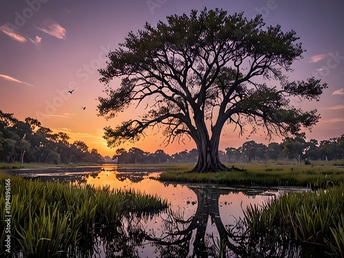 wallpaper depicting a sunset with trees and birds over a marsh. The whole thing is realistic and magical.