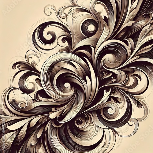 Elegant abstract swirls and curves in black, white, and beige, creating a stylish and intricate floral design