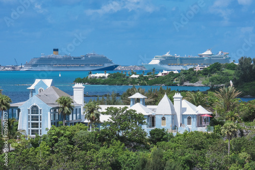 Modern mega family cruiseship cruise ship liner Firenze docked at Royal Navy Dockyard pier near Hamilton, Bermuda on sunny day during Caribbean cruising