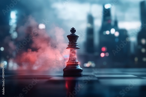 A dramatic scene of a chess piece on a futuristic board set against a hazy, illuminated cityscape, reflecting strategy in a modern, urban context filled with mystique.