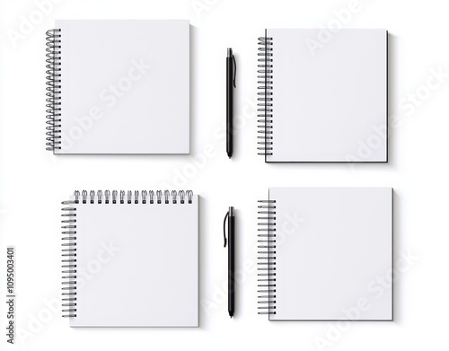 A blank-paged, spiral-bound calendar mockup in a vertical desktop format, displayed from the front and side, isolated on white. This set features a realistic 3D modern illustration of an agenda and