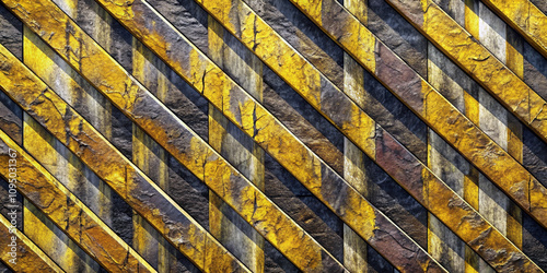 Diagonal bands of yellow and gray create a striking striped pattern, resembling a rugged industrial design. The use of earthy tones with a cracked effect adds a sense of weathered durability.AI genera