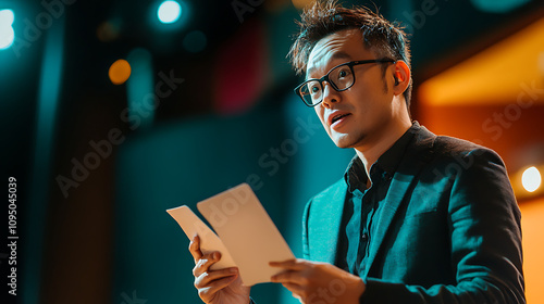  Speaker fumbling with cue cards during a live presentation (2)