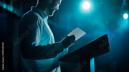  Speaker fumbling with cue cards during a live presentation 