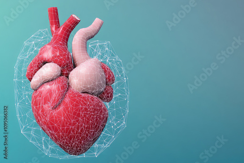 Futuristic Heart Anatomy Network, an innovative low poly wireframe design showcasing advanced cardiological structures and medical technology.