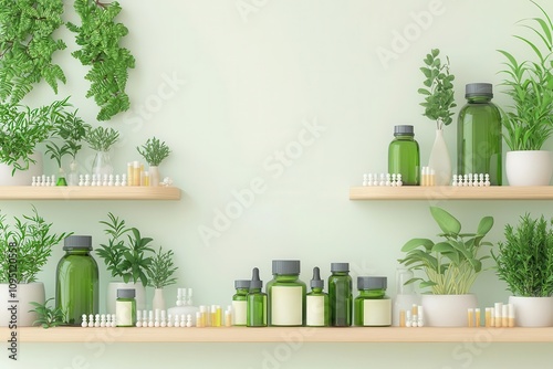 A holistic health shop with homeopathic remedies on display, 3D illustration