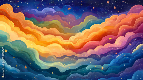 Background from magical fairy-tale gentle rainbow clouds with stars. for design of holiday invitations and cards. Celestial Dream Clouds. Illustration