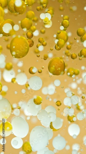 Macro Shot of Moving Oil and Milk Bubbles on Golden Background, Cosmetics Concept